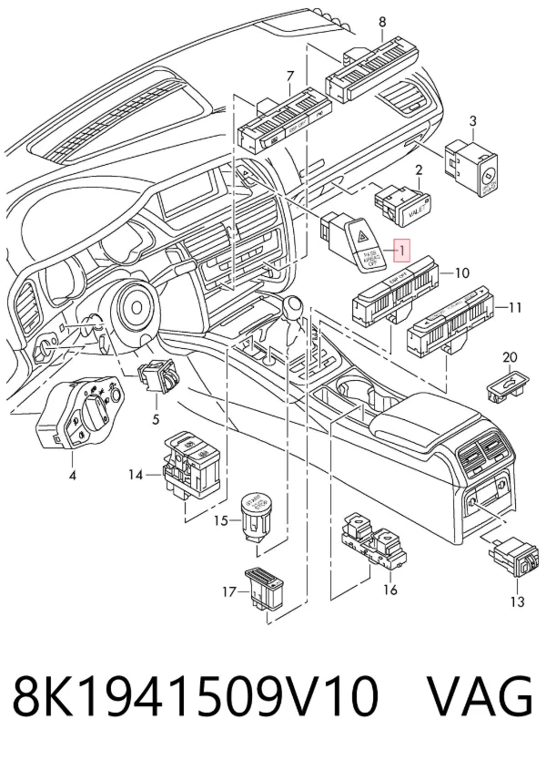 Botão de ativação do sinal de emergência Audi A5 Sportback