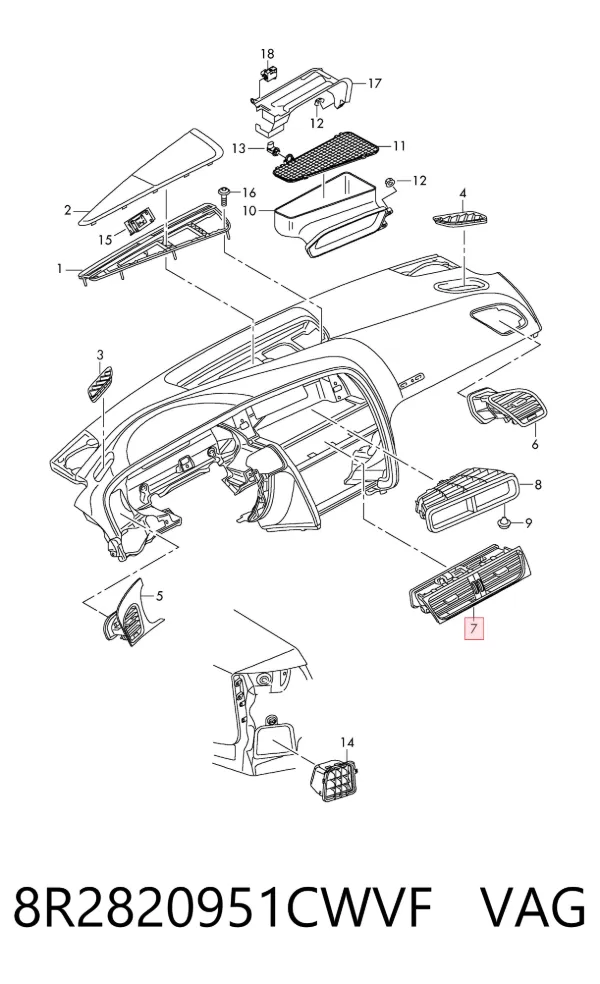 Conduto de ar (distribuidor de ar para "painel de instrumentos") central 8R2820951CWVF VAG
