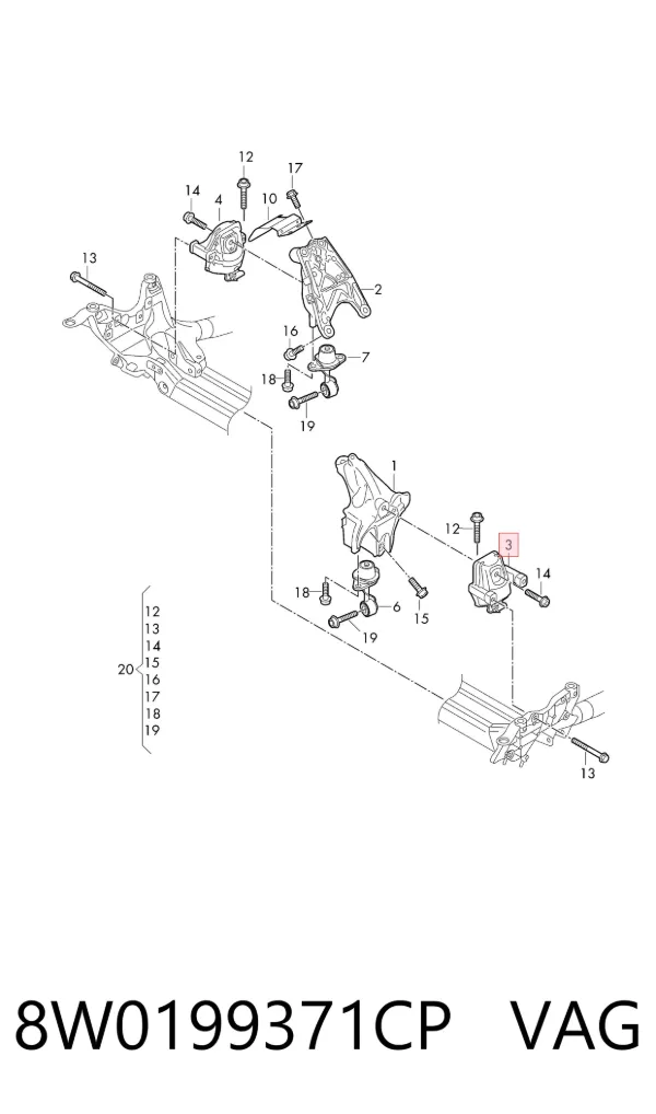 Coxim (suporte) esquerdo de motor 8W0199371CP VAG