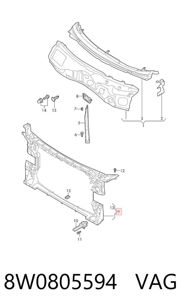 Suporte do radiador montado (painel de montagem de fixação das luzes) 8W0805594 VAG