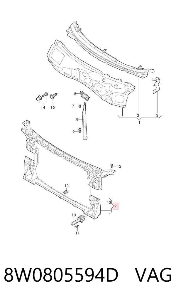 Suporte do radiador montado (painel de montagem de fixação das luzes) 8W0805594D VAG