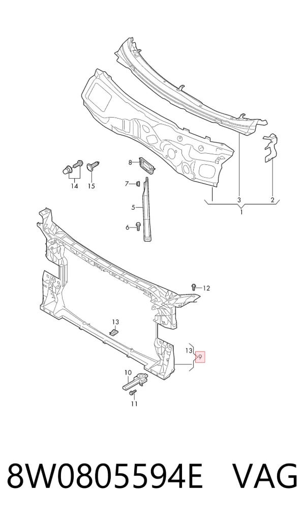 Suporte do radiador montado (painel de montagem de fixação das luzes) 8W0805594E VAG