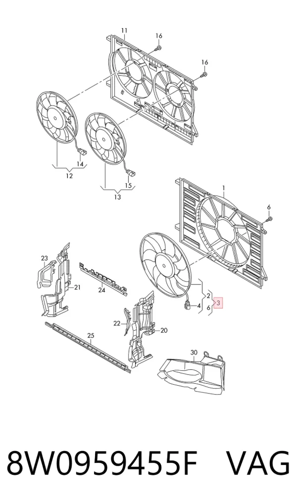 Ventilador elétrico de esfriamento montado (motor + roda de aletas) 8W0959455F VAG