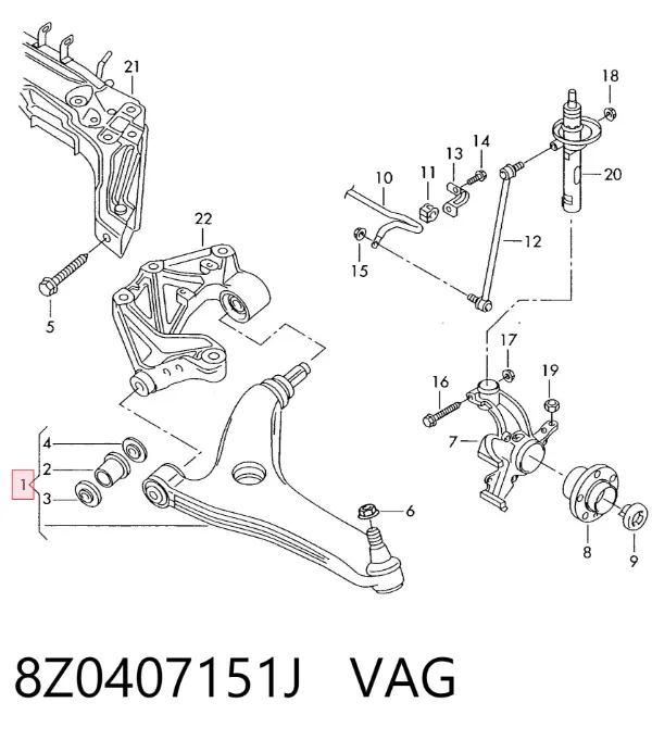 Braço oscilante inferior esquerdo de suspensão dianteira 8Z0407151J VAG