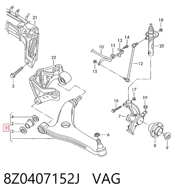 Braço oscilante inferior direito de suspensão dianteira 8Z0407152J VAG