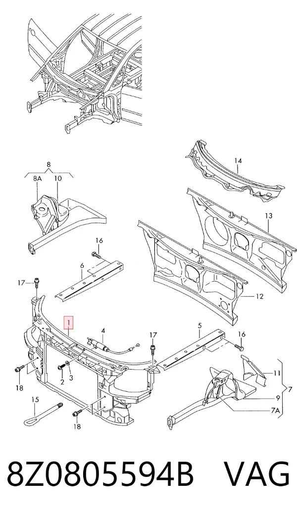 Suporte do radiador montado (painel de montagem de fixação das luzes) Audi A2 8Z0