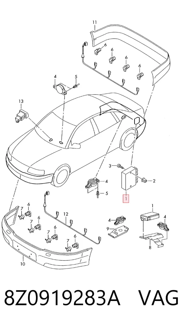 Módulo de direção (Centralina eletrônica) de sensor de estacionamento 8Z0919283A VAG