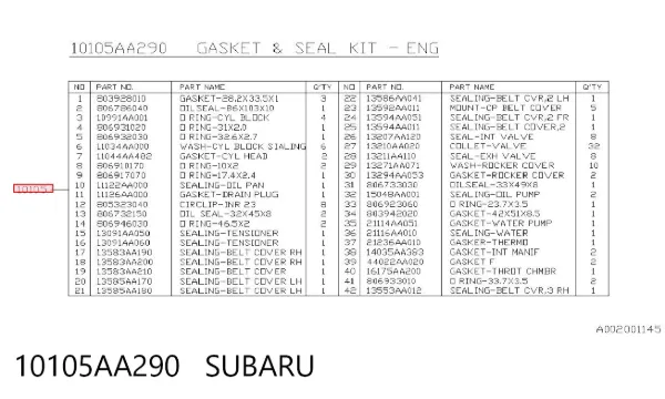 Kit de vedantes de motor completo 10105AA290 Subaru