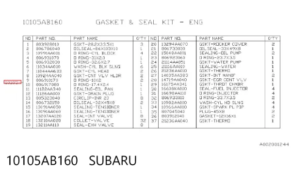 Kit de vedantes de motor completo 10105AB160 Subaru