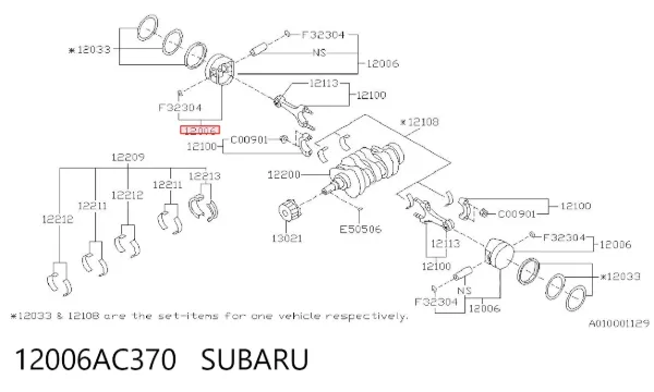 Pistão com passador sem anéis, 1ª reparação ( + 0,25) 12006AC370 Subaru