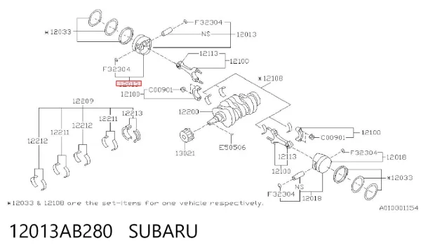 Pistão com passador sem anéis, 2ª reparação ( + 0,50) 12013AB280 Subaru