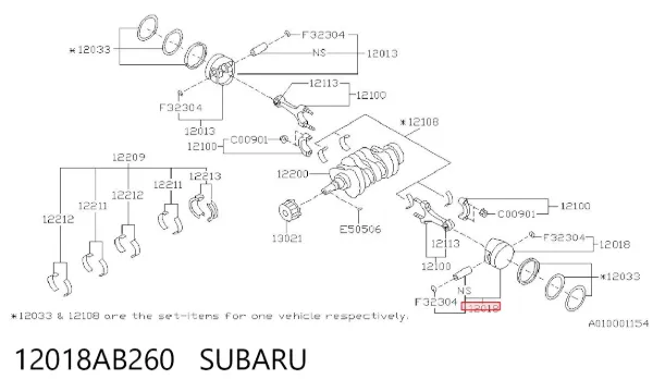 Pistão com passador sem anéis, STD 12018AB260 Subaru