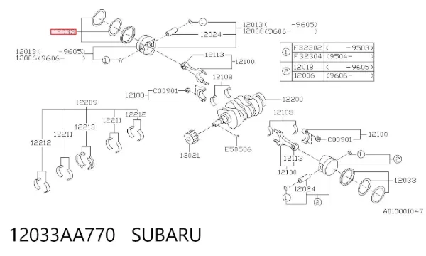 Kit de anéis de pistão de motor, 1ª reparação ( + 0,25) 12033AA770 Subaru