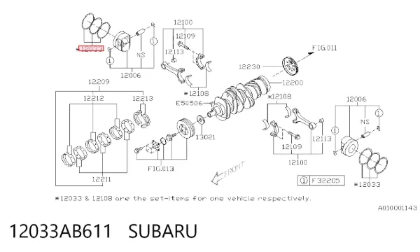 Kit de anéis de pistão de motor, STD. 12033AB611 Subaru