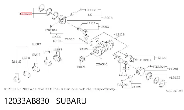 Kit de anéis de pistão de motor, 1ª reparação ( + 0,25) 12033AB830 Subaru