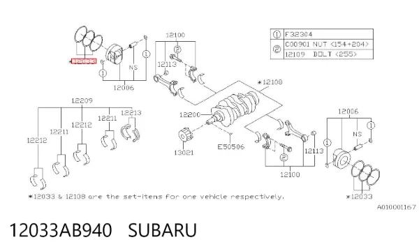 Kit de anéis de pistão de motor, 1ª reparação ( + 0,25) 12033AB940 Subaru