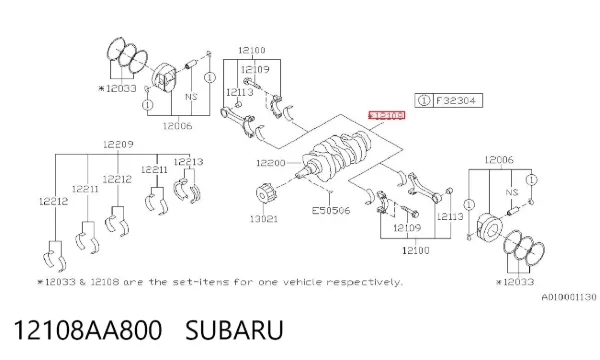 Folhas inseridas de cambota de biela, kit, 1ª reparação ( + 0,25) 12108AA800 Subaru