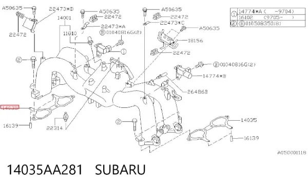 Vedante de tubo coletor de admissão 14035AA281 Subaru