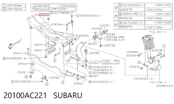 Viga de suspensão dianteira (plataforma veicular) 20100AC221 Subaru