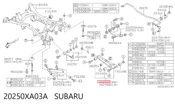 Braço oscilante inferior direito de suspensão traseira 20250XA03A Subaru