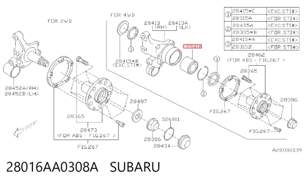 Rolamento de cubo traseiro 28016AA0308A Subaru