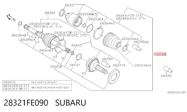 Semieixo (acionador) dianteiro 28321FE090 Subaru