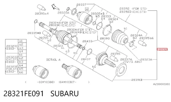 Semieixo (acionador) dianteiro 28321FE091 Subaru
