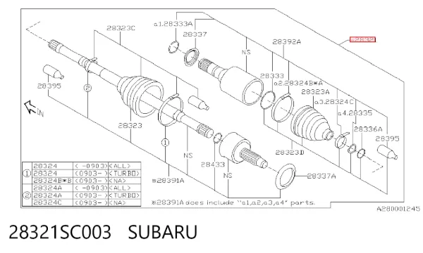 Semieixo (acionador) dianteiro 28321SC003 Subaru