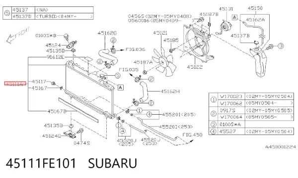 Radiador de esfriamento de motor 45111FE101 Subaru