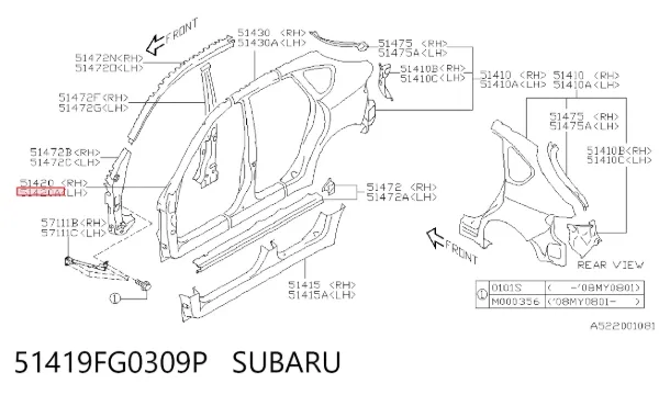 Montante de carroçaria dianteira esquerda 51419FG0309P Subaru