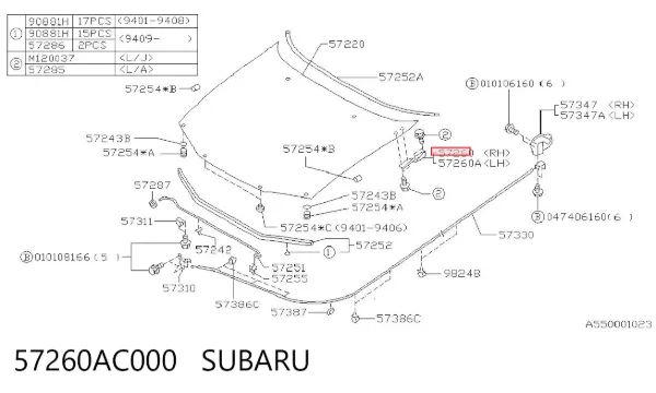 Gozno da capota direito 57260AC000 Subaru