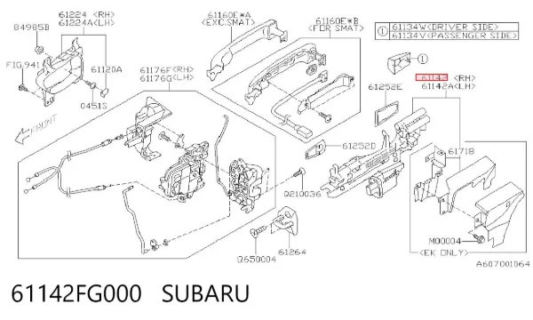 Suporte de maçaneta externa da porta dianteira direita 61142FG000 Subaru