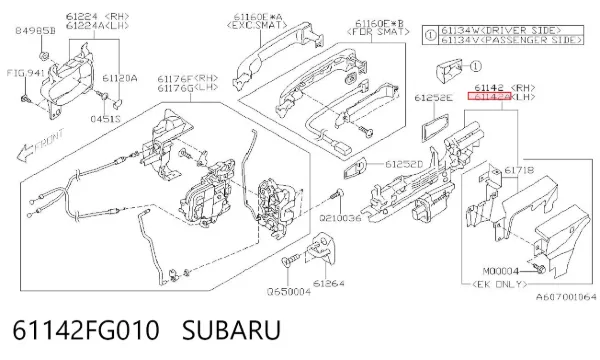 Suporte de maçaneta externa da porta dianteira esquerda 61142FG010 Subaru
