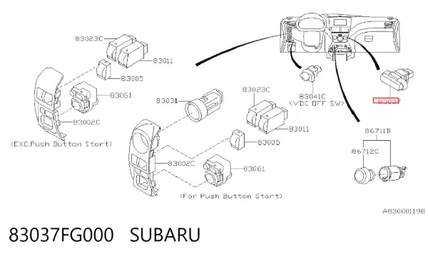 Botão de ativação do sinal de emergência 83037FG000 Subaru