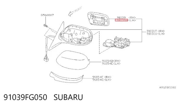 Elemento espelhado do espelho de retrovisão esquerdo 91039FG050 Subaru