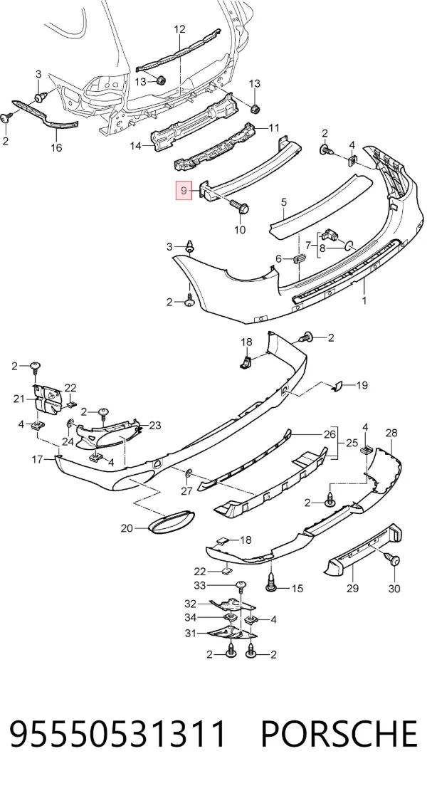 Reforçador do pára-choque traseiro Porsche Cayenne 955