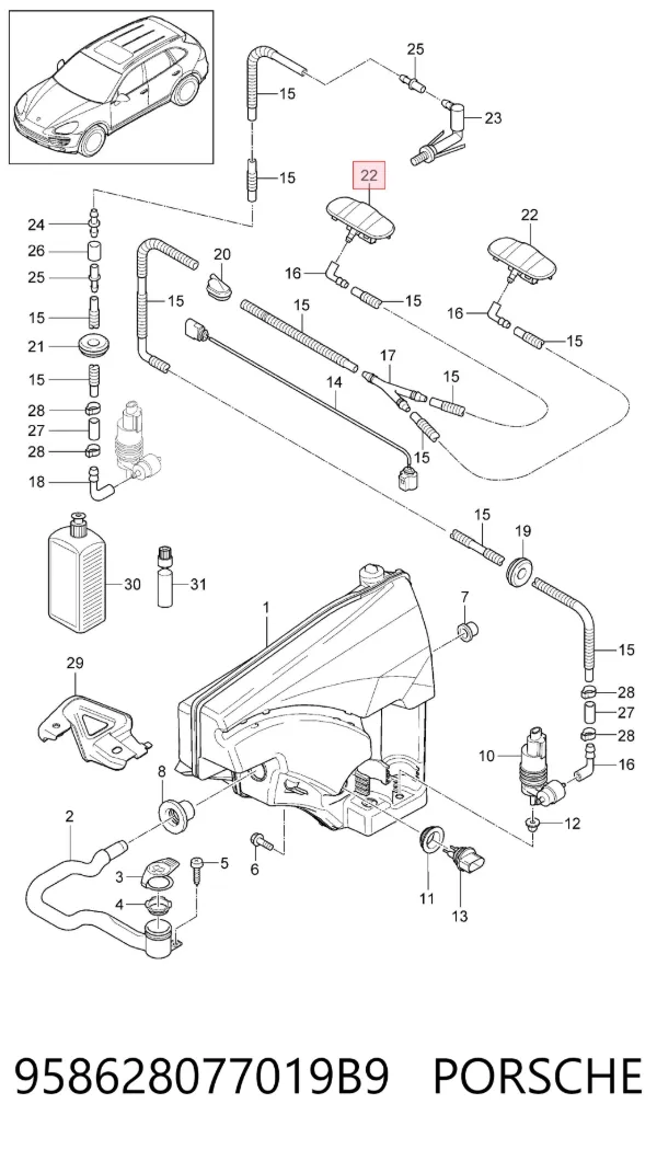 Injetor de fluido para lavador de pára-brisas 958628077019B9 Porsche