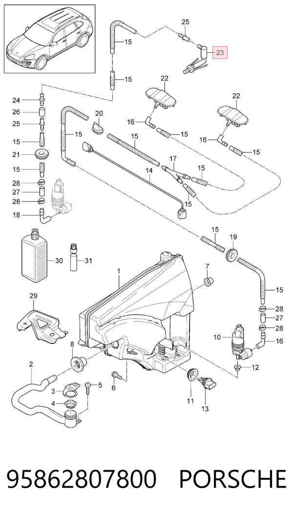 Injetor de fluido para lavador de pára-brisas 95862807800 Porsche