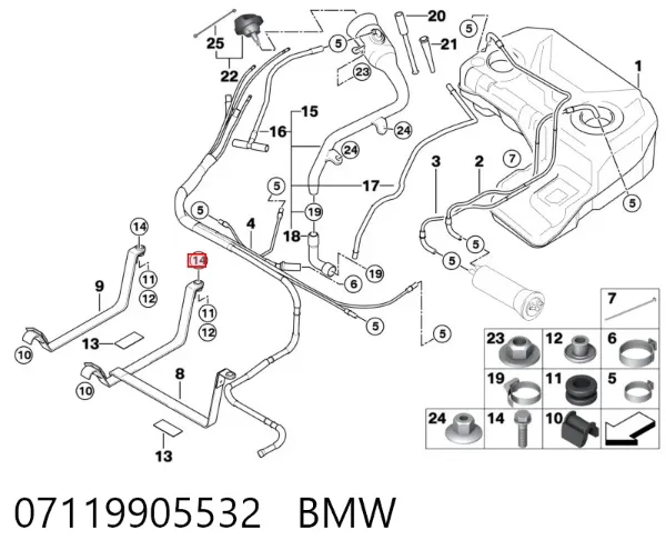 Parafuso de fixação de braço oscilante dianteiro, inferior 07119905532 BMW