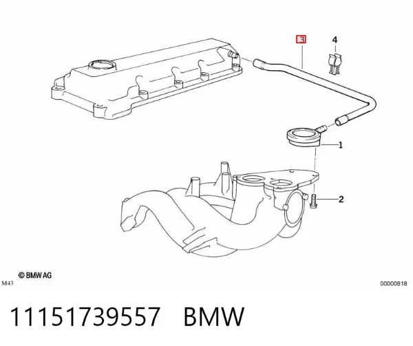 Cano derivado de ventilação de cárter (de separador de óleo) 11151739557 BMW