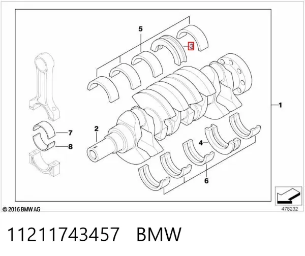 Folhas inseridas principais de cambota, kit, 1ª reparação ( + 0,25) 11211743457 BMW