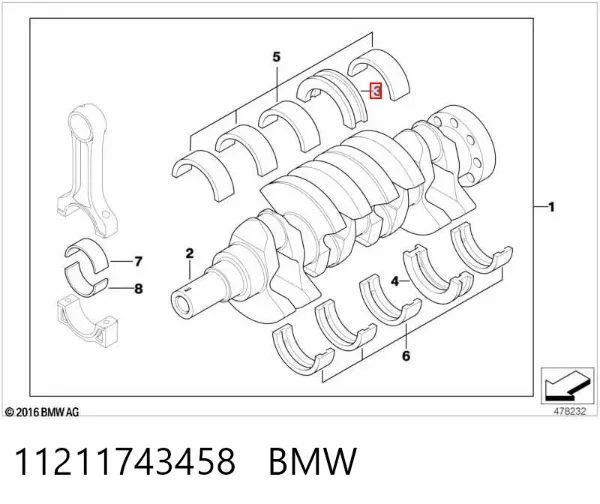 Folhas inseridas principais de cambota, kit, 1ª reparação ( + 0,25) 11211743458 BMW
