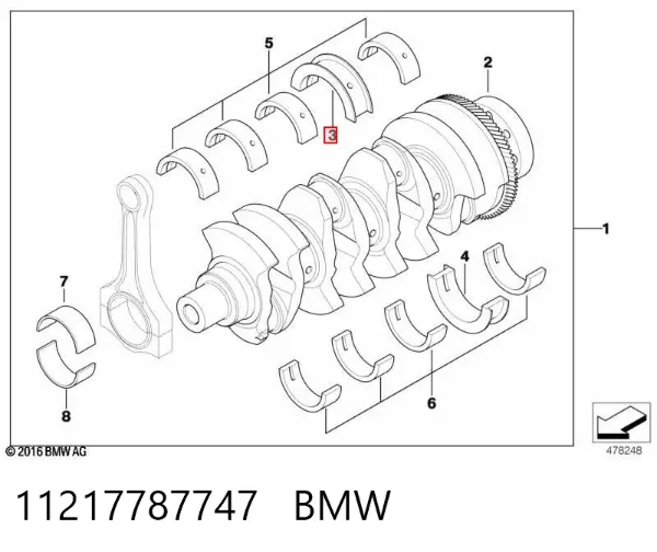 Folhas inseridas principais de cambota, kit, 1ª reparação ( + 0,25) 11217787747 BMW