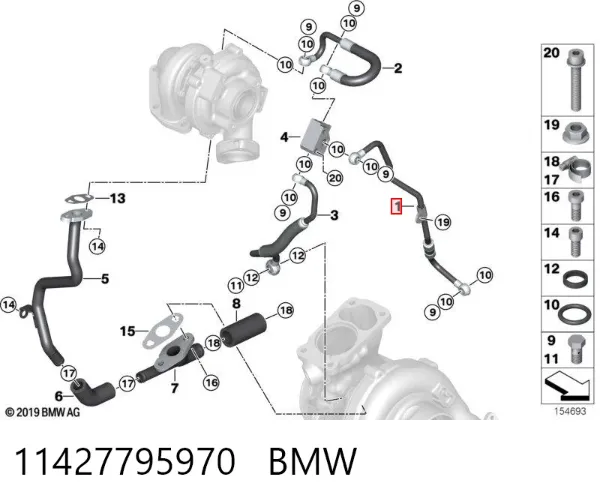 Tubo (mangueira) de fornecimento de óleo de turbina 11427795970 BMW