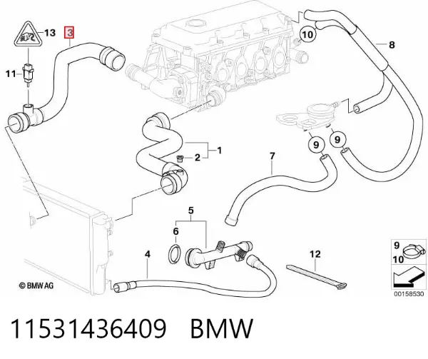 Mangueira (cano derivado) inferior do radiador de esfriamento 11531436409 BMW