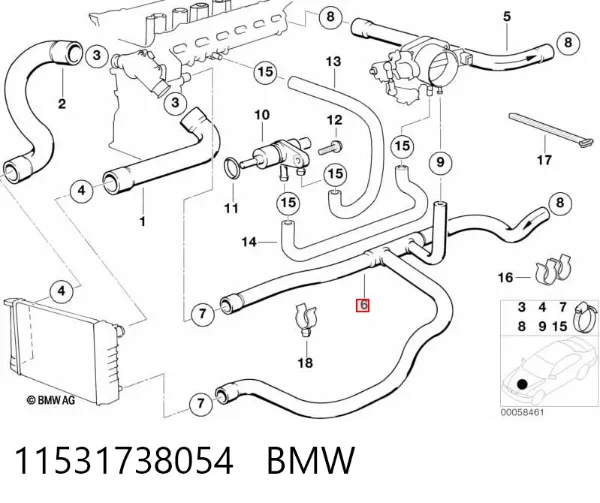 Mangueira (cano derivado) inferior do radiador de esfriamento 11531738054 BMW