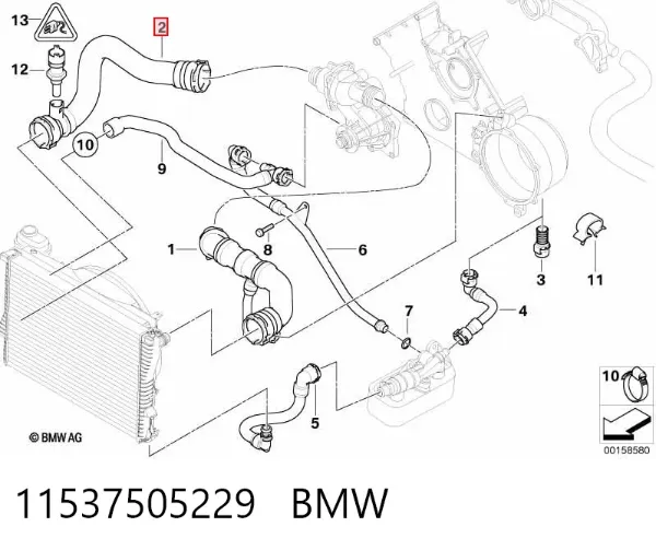 Mangueira (cano derivado) inferior do radiador de esfriamento 11537505229 BMW