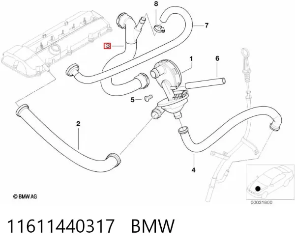 Cano derivado de ventilação de cárter (de separador de óleo) 11611440317 BMW