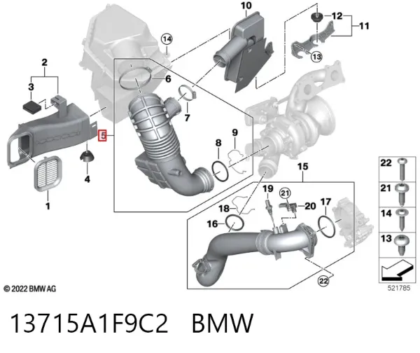 Cano derivado de ar, saída de filtro de ar 13715A1F9C2 BMW