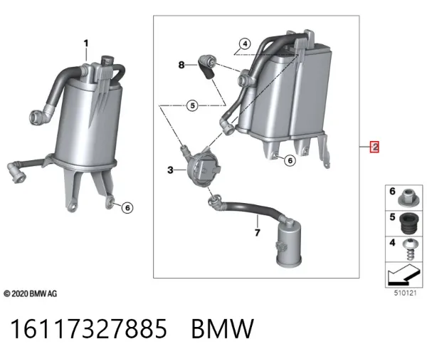 Filtro de tanque dos vapores de combustível 16117327885 BMW